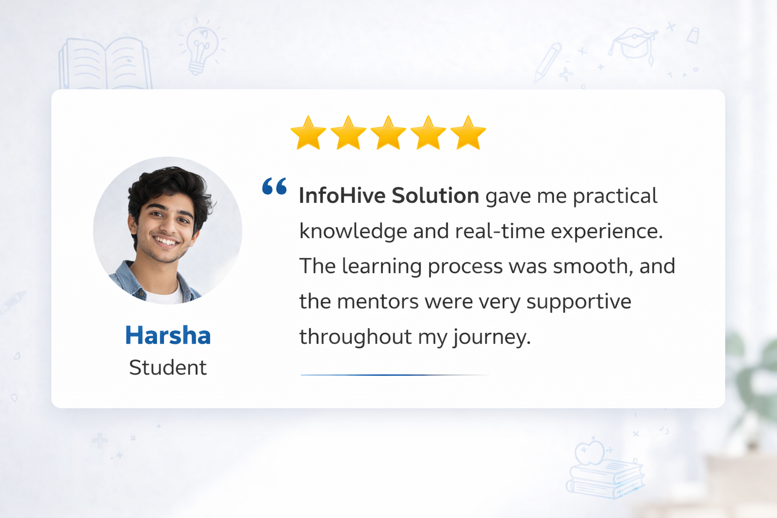 student testimonial review for InfoHive Solution showing positive feedback about practical learning and mentor support