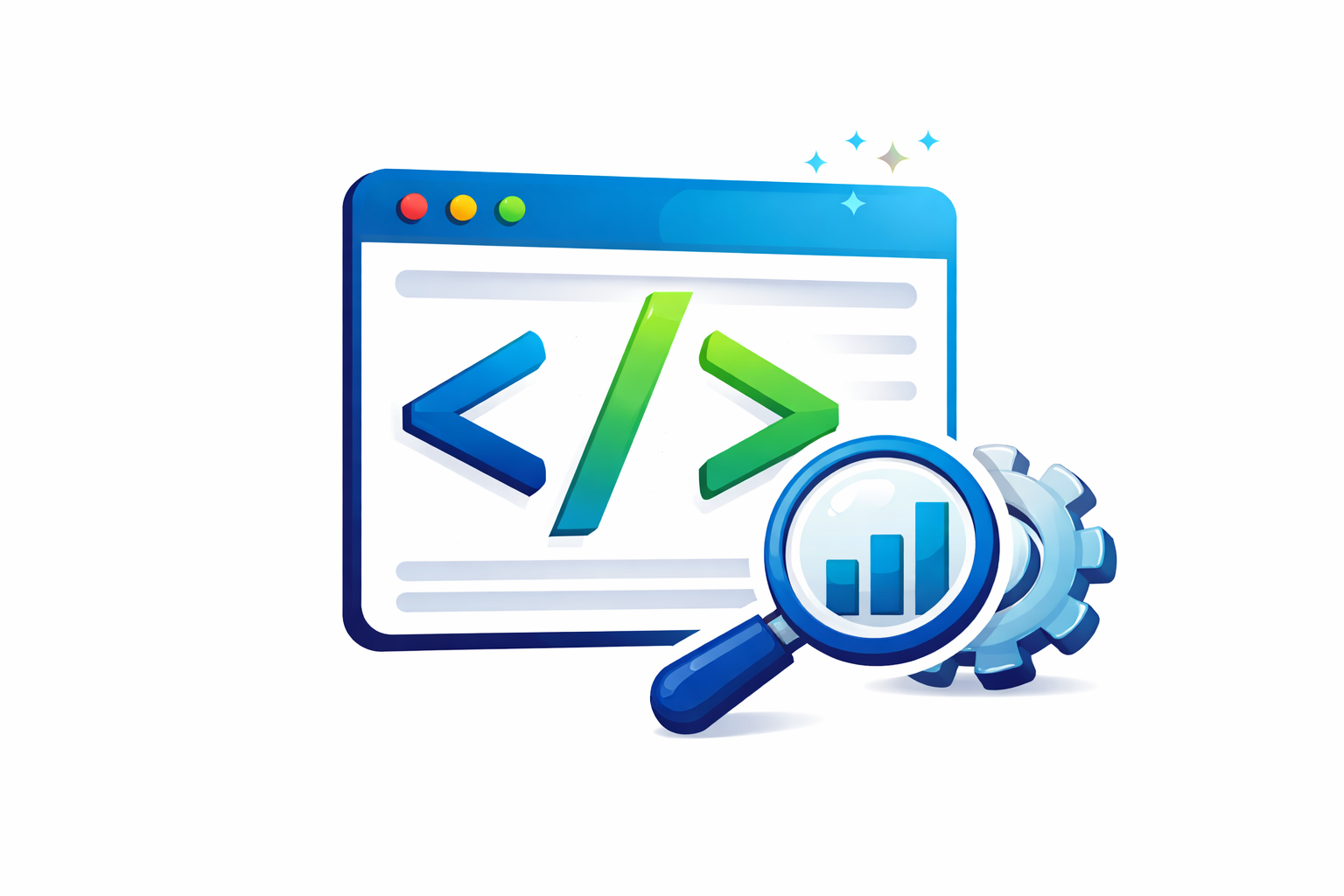 technical seo and web development icon with coding symbols magnifying glass analytics and performance optimization elements