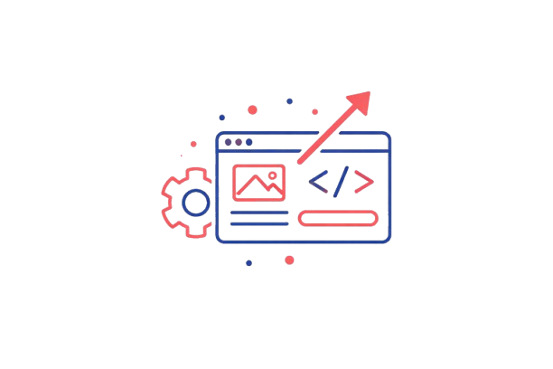 Web development coding interface with growth arrow and optimization gear icon