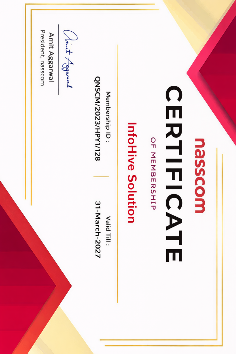 NASSCOM membership certificate for InfoHive Solution IT services company India