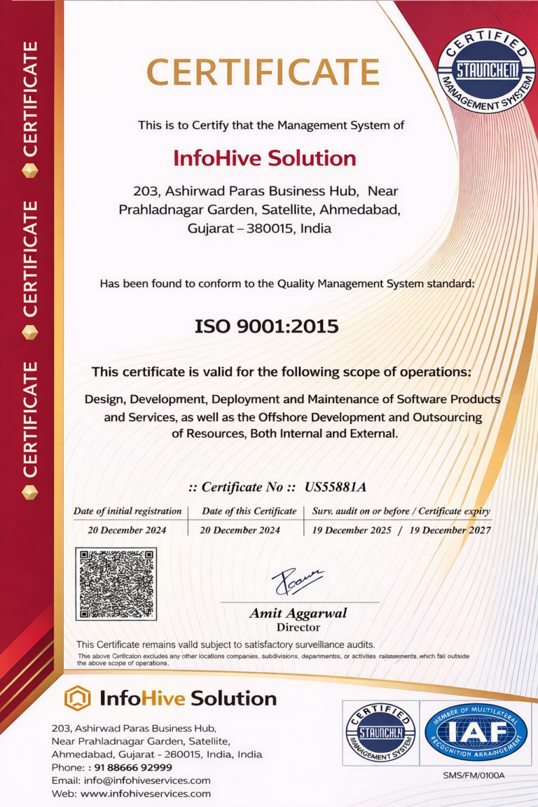 ISO 9001:2015 certification for InfoHive Solution software and IT services Ahmedabad India