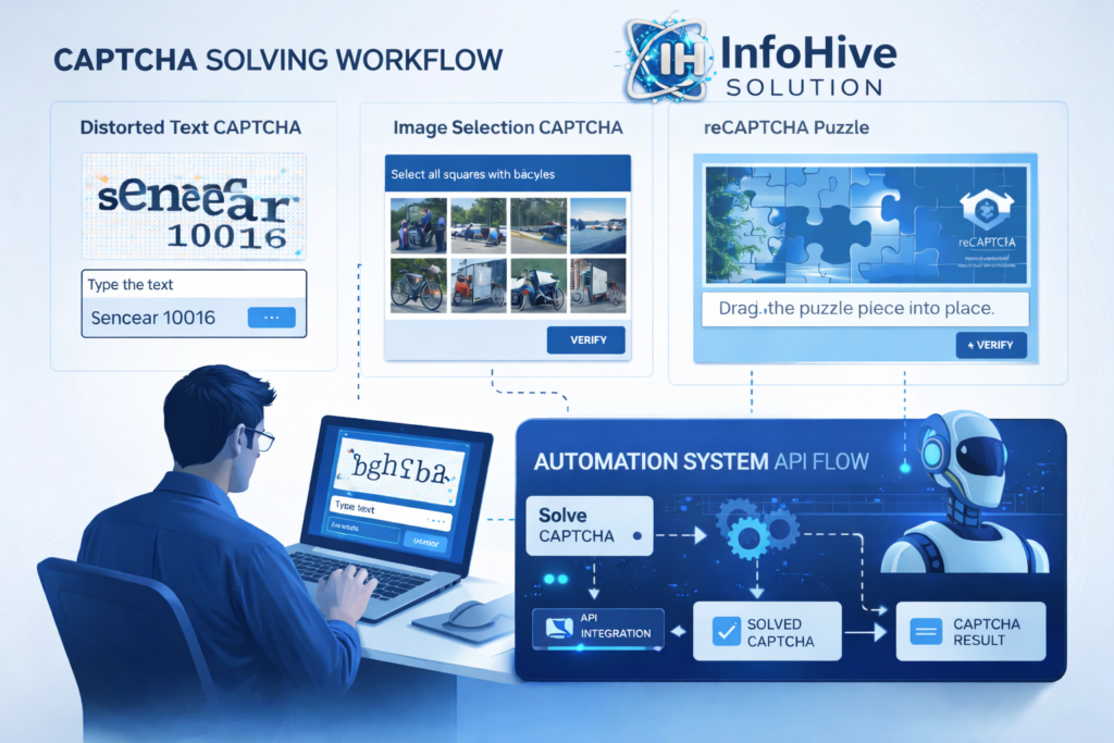 CAPTCHA solving workflow showing text CAPTCHA, image selection CAPTCHA, reCAPTCHA puzzle and automation API integration system