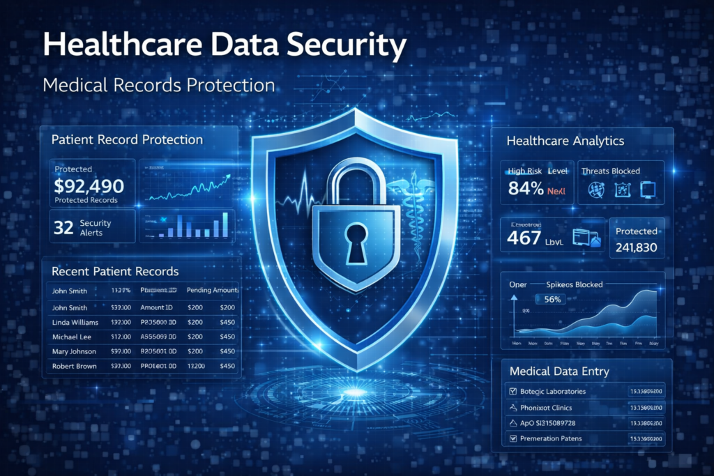 Healthcare data security dashboard showing medical records protection, patient data encryption, and cybersecurity analytics