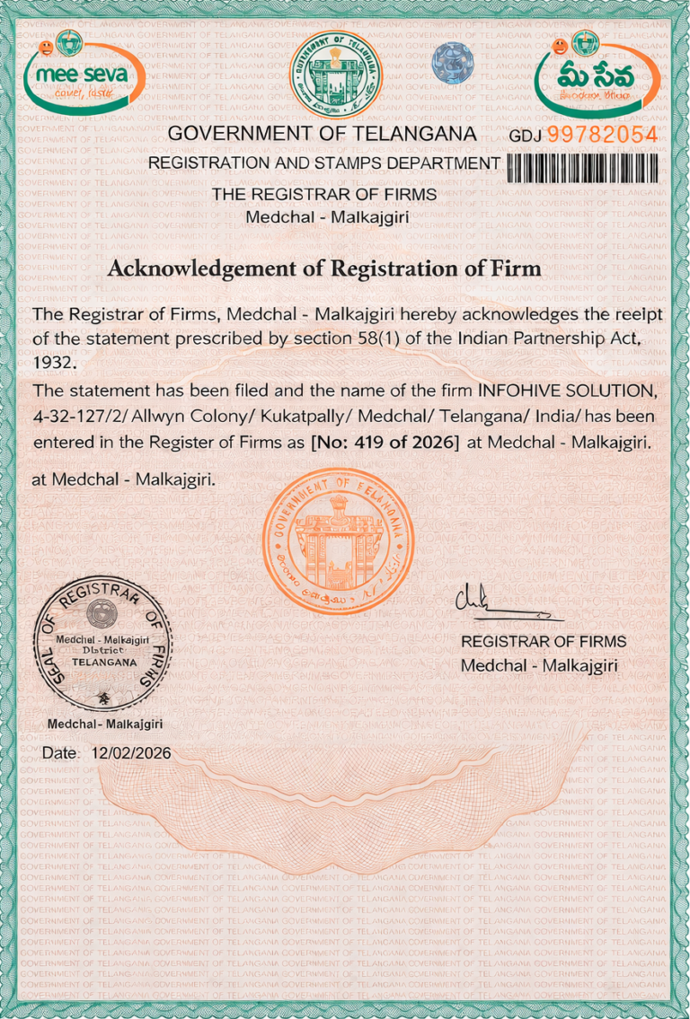 InfoHive Solution firm registration certificate issued by Government of Telangana Registrar of Firms Medchal Malkajgiri