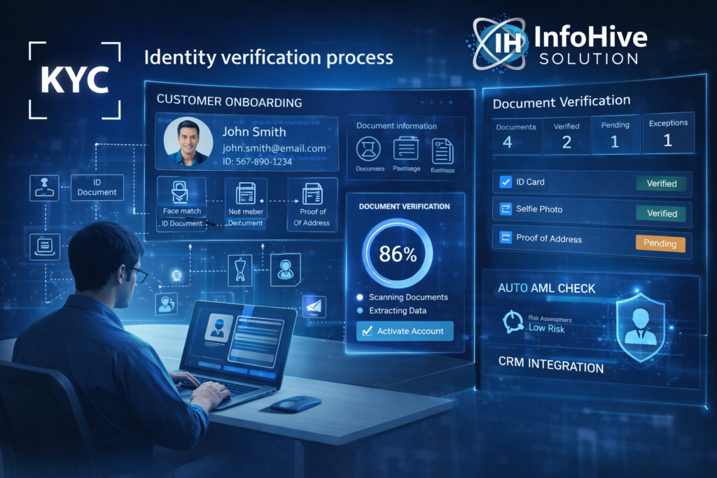KYC identity verification process showing customer onboarding document verification AML check and CRM integration