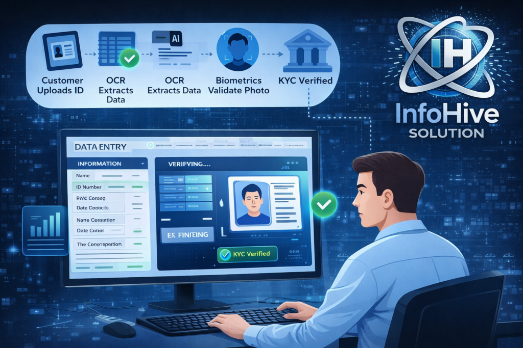 KYC verification workflow with OCR data extraction biometric validation and automated data entry system