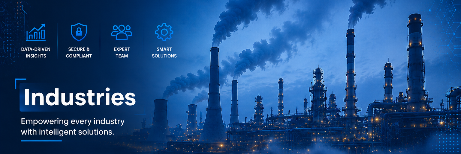 industrial technology infographic showing global digital transformation solutions for manufacturing healthcare telecom finance retail logistics education and government sectors